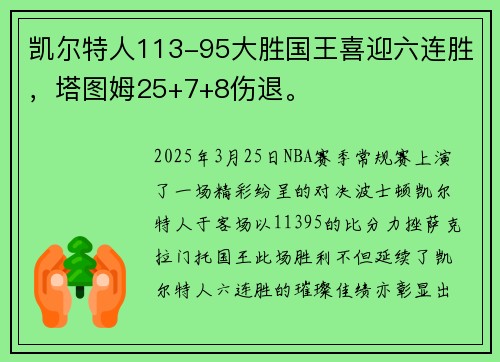 凯尔特人113-95大胜国王喜迎六连胜，塔图姆25+7+8伤退。